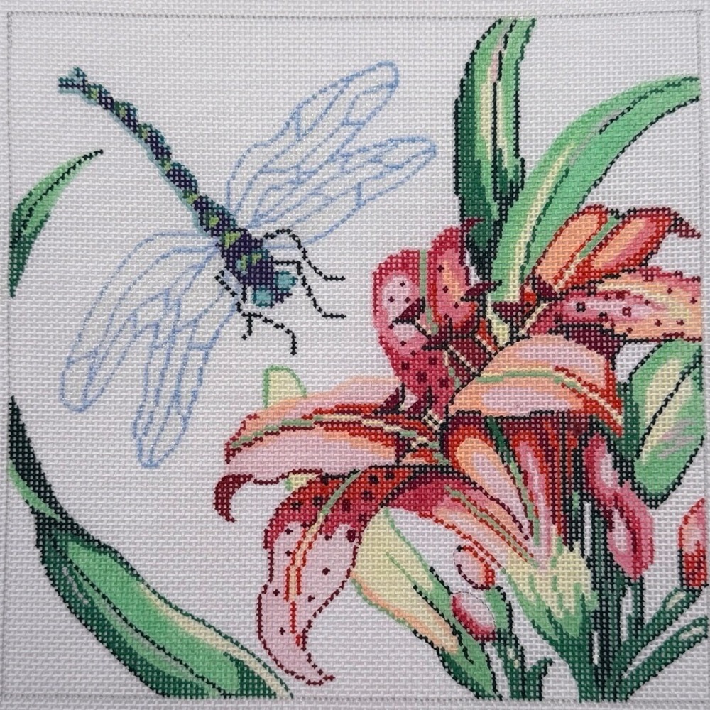 Lee Needlepoint Canvas Tiger Lily Dragonfly Hand Painted Vintage